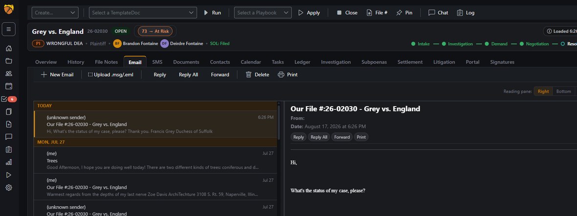 A case file in Longbow with the Email tab open